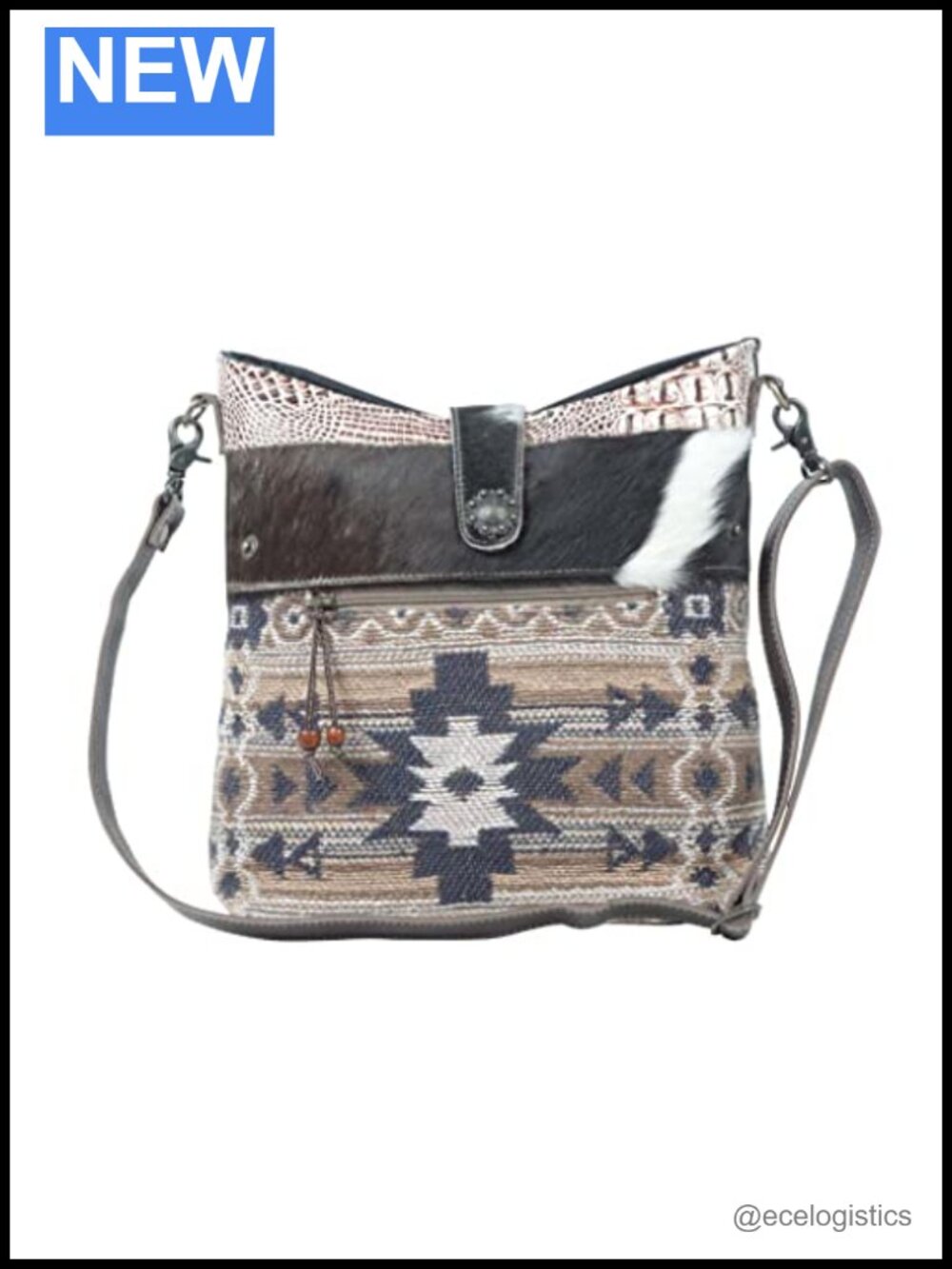 Aztec Canvas Shoulder Bag with Leather Trim Boho Purse